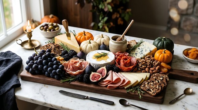 Autumnal charcuterie board with seasonal produce and cheese on a marble countertop