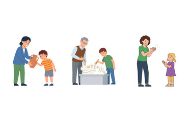 Obraz premium Vector illustration of children learning and playing with adults in various educational activities