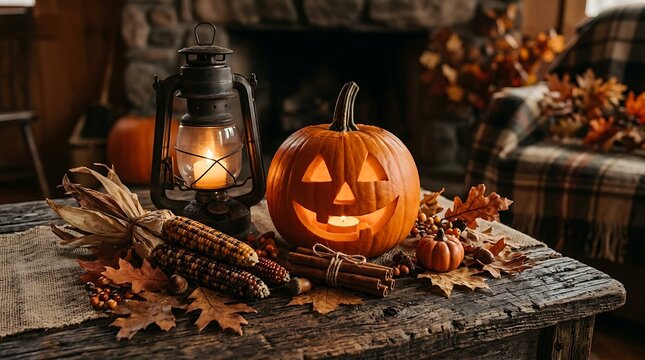 autumnal jack o lantern on rustic wooden table with lantern and fall leaves