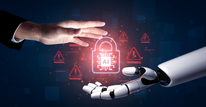 A captivating visual of a human hand and a robotic hand reaching towards an AI lock symbol, encapsulating themes of technology, security, and future interactions in a digital world. Cyphers