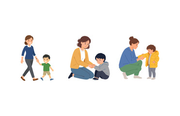 Obraz premium Diverse Illustrations of Mothers Caring for and Interacting with Young Children in Daily Life
