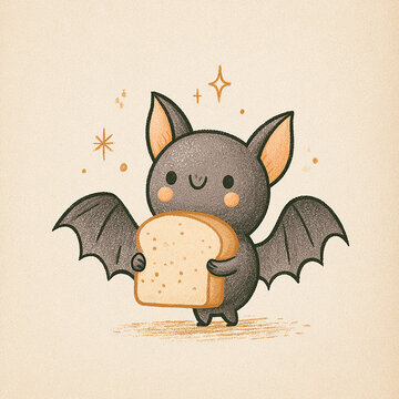 Cute little bat holding toast bread slice with shiny stars flat illustration