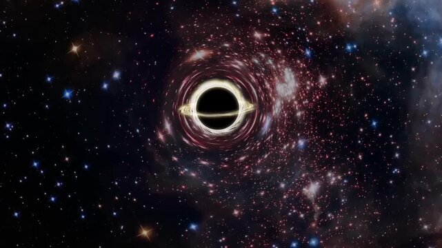 Supermassive black hole moving through deep space with gravitational lensing effect.