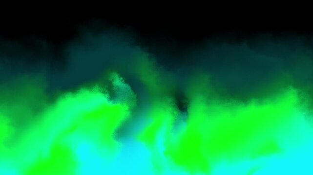 Vibrant neon green and cyan smoke clouds swirling in dark black smoky atmosphere with ethereal glowing energy