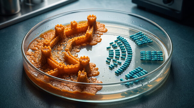 Conceptual petri dish showing a bacterial fortress defending against antibiotic pills