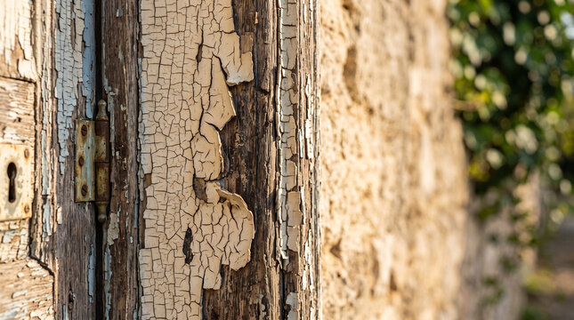 Close up of peeling white paint on an old weathered wooden door