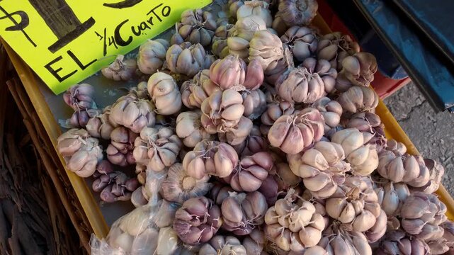 Close up of fresh solo garlic bulbs displayed for sale at a traditional street market, showcasing locally harvested produce at a tianguis in Mexico