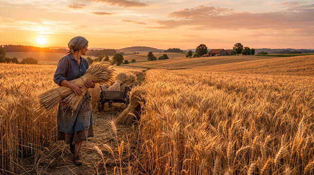 Peasant woman carrying harvested wheat in a golden field at sunset