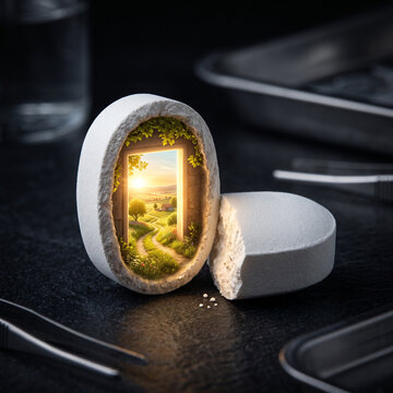 Broken medical pill revealing a miniature sunny landscape inside