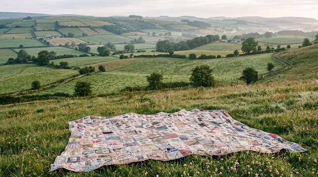 Patchwork quilt laid on a grassy hill overlooking a misty green valley