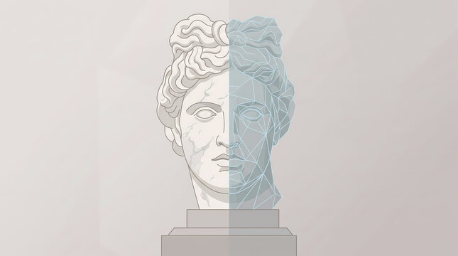 Split face of a classical bust blending marble sculpture with wireframe mesh