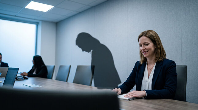 Smiling businesswoman at a conference table with a depressed shadow on the wall