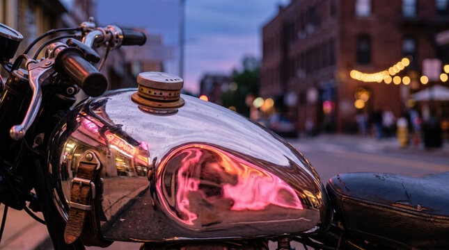 Chrome vintage motorcycle gas tank reflecting pink neon lights on a city street