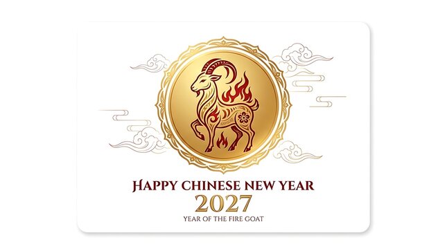 Happy Chinese New Year 2027 Year of the Ram Golden Emblem with Clouds.
