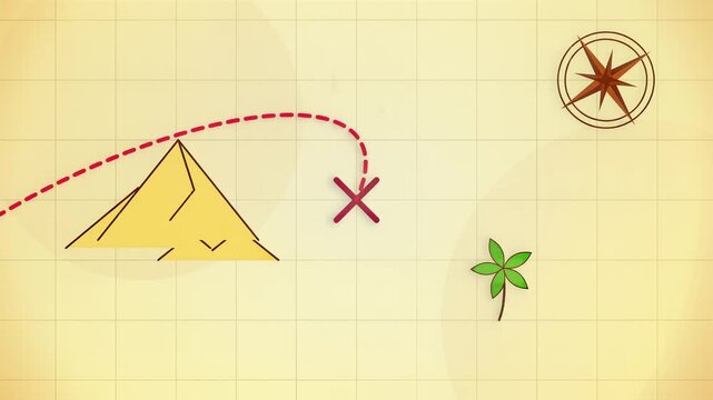 Aged parchment treasure map with desert pyramid and compass