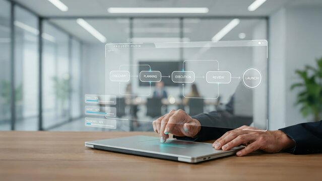 Professional manager uses advanced digital touch interface to monitor project workflow and corporate task progress reports