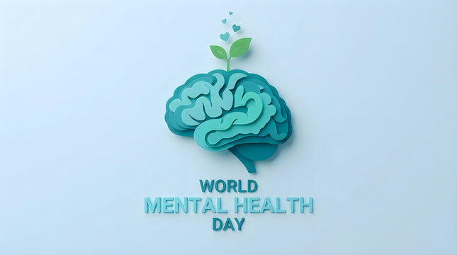 Human brain paper cut art with green plant sprout and small hearts on light blue background for world mental health day awareness concept design