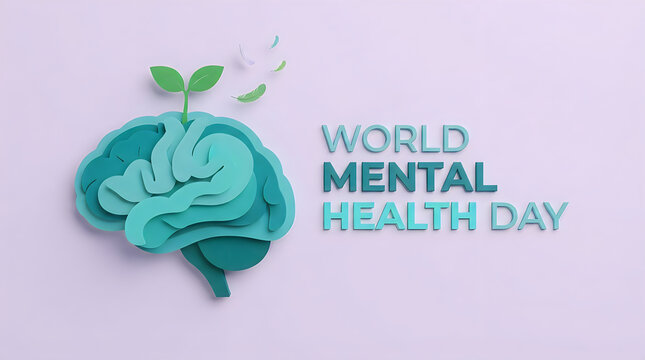 Human brain paper cut art with green sprout and world mental health day text on purple background with soft shadows and floating feathers