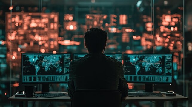 Rear view of seated person at desk observing three monitors with blue digital maps and data, futuristic command center, glowing orange tech interfaces on glass wall, blue‑orange dual‑tone lighting