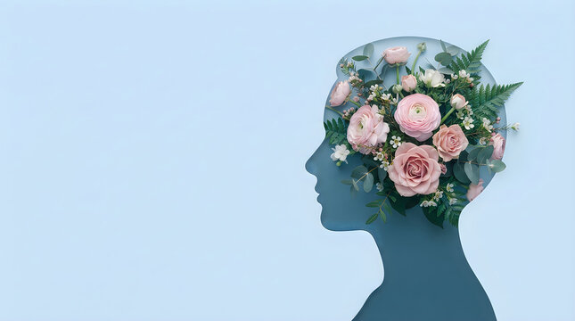 Human head profile filled with pink ranunculus flowers and green leaves against a soft blue background with side light and paper cut style