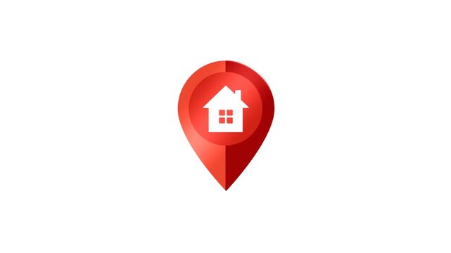 Red map pin icon with a white house symbol, representing home location or real estate.