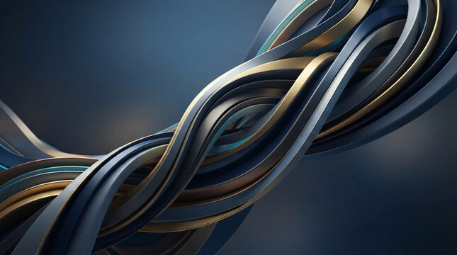 Dark blue background with flowing metallic ribbons. Curves twist and turn with gleaming highlights. Smooth, polished surfaces reflect subtle golden tones. Modern abstract design suggests motion