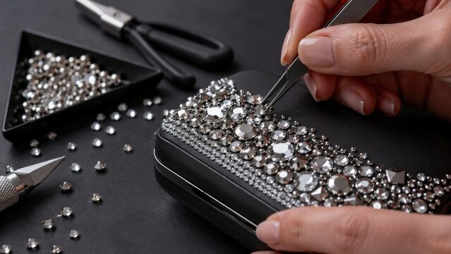 Hands Covering Black Clutch With Silver Rhinestones