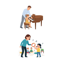 Obraz premium Children Learning Music with Teachers in Piano and Tambourine Classes