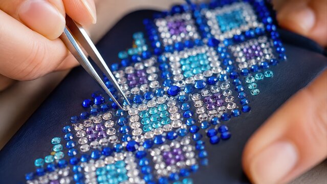 Hand Creating Blue Rhinestone Pattern on Navy Surface