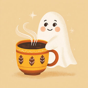 Cute ghost character holding big yellow coffee mug with steaming drink illustration