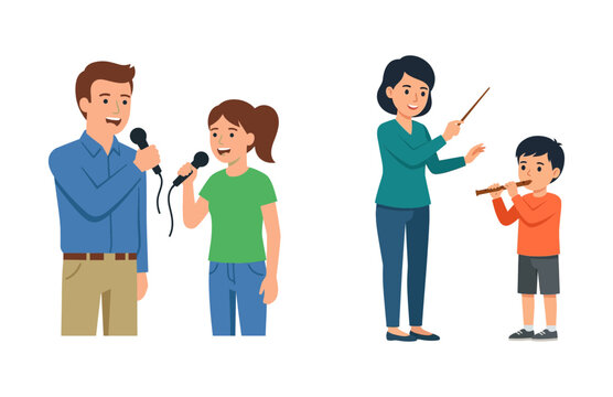 Music Students Practicing Singing and Playing Flute with Their Teachers