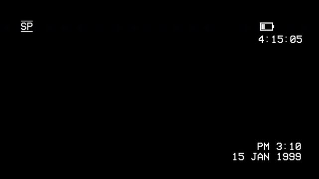 Retro vhs recording overlay with date and timestamp on black
