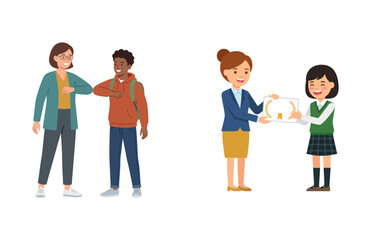 Obraz premium Cartoon illustrations of a teacher greeting a student and presenting a certificate