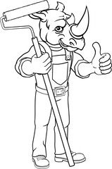 A rhino painter decorator handyman cartoon construction man mascot character holding a paint roller tool © Christos Georghiou