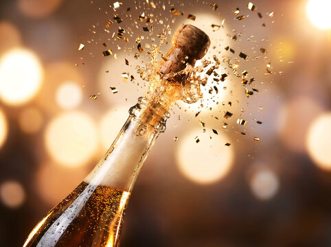 Champagne bottle popping cork with golden confetti and bubbles and bokeh light background for celebration and party and wedding and anniversary and luxury event and New Year celebration theme design.