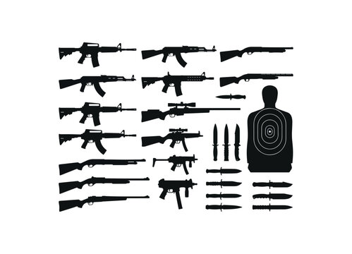 Weapon Silhouettes Set including Rifles Knives and Target