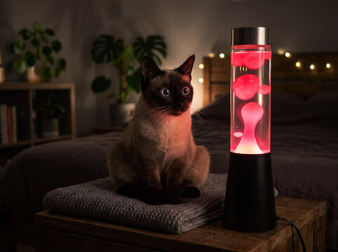Siamese cat sitting intently next to a mesmerizing red lava lamp on a wooden nightstand in a dimly lit bedroom with fairy lights and plants in the background.