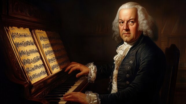 Elderly caucasian male composer in traditional attire holding sheet music