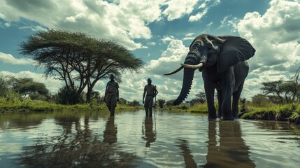 Obraz premium Man and elephant walking in serene forest at sunset by a riverbank