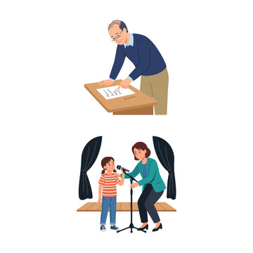 Educational and school activities vector illustration set featuring students and teachers