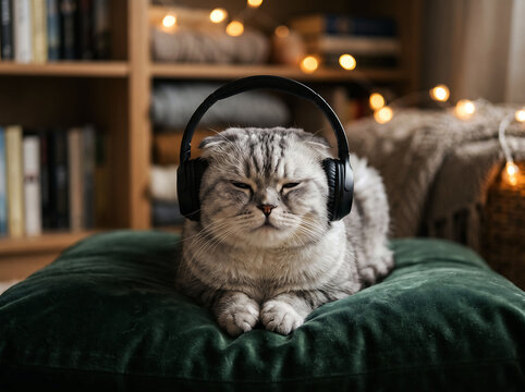 Cute scottish fold cat wearing black wireless headphones lying on green velvet cushion indoors with soft bokeh lights and bookshelves background relaxing and enjoying music in cozy home atmosphere.
