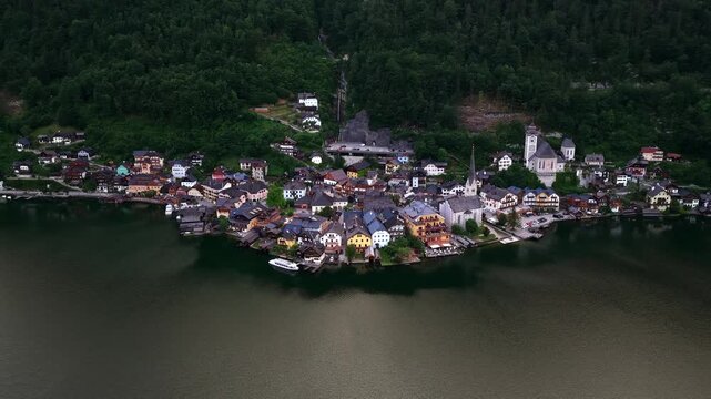 Drone shot of Hallstatt in Austria at sunset