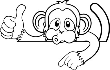 A monkey cartoon character animal peeking over a sign and pointing at it while doing a thumbs up © Christos Georghiou