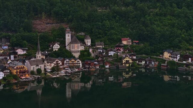 Drone shot of Hallstatt in Austria at sunset