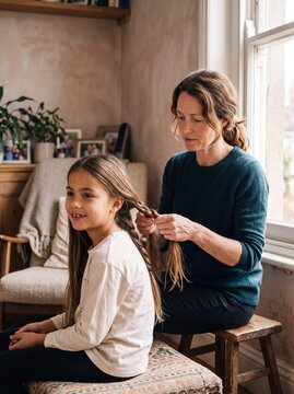 Mutter flechtet Tochter die Haare &uuml;ber die Schulter gesehen