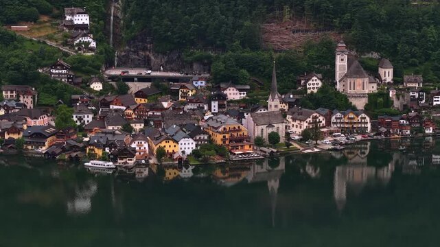 Aerial shot of Hallstatt in Austria at sunset