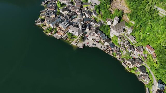 Aerial shot of Hallstatt in Austria at sunset 2026