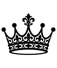 Black silhouette of a royal crown with ornate fleur de lis design isolated on white background © Nurnabi