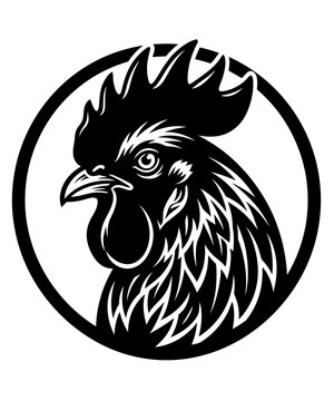 Black and white illustration of a rooster head profile inside a circular frame for logo design