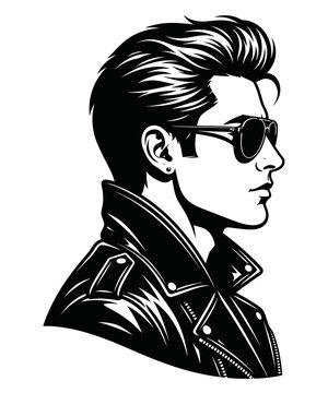 Black and white vector illustration of a cool man in a leather jacket and sunglasses profile view